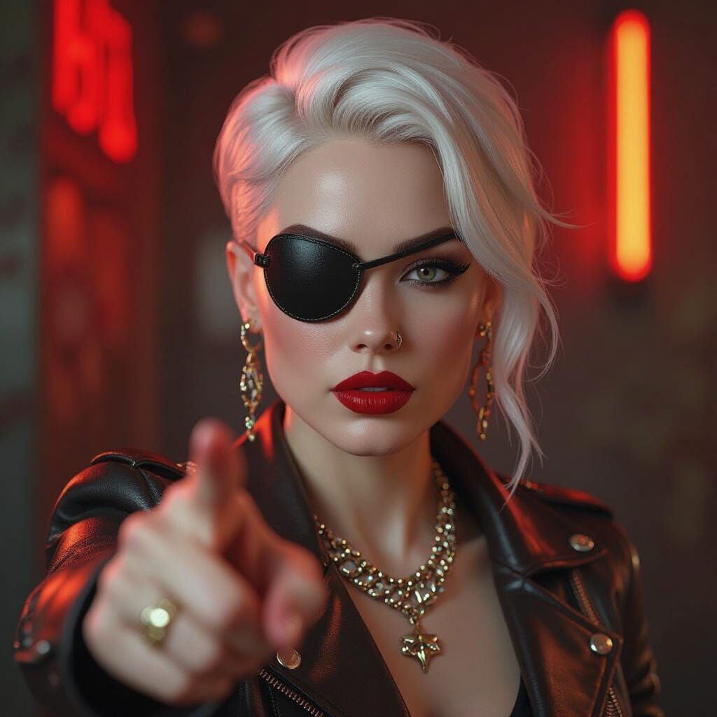 Albino Woman in Leather with Eyepatch: Digital Art