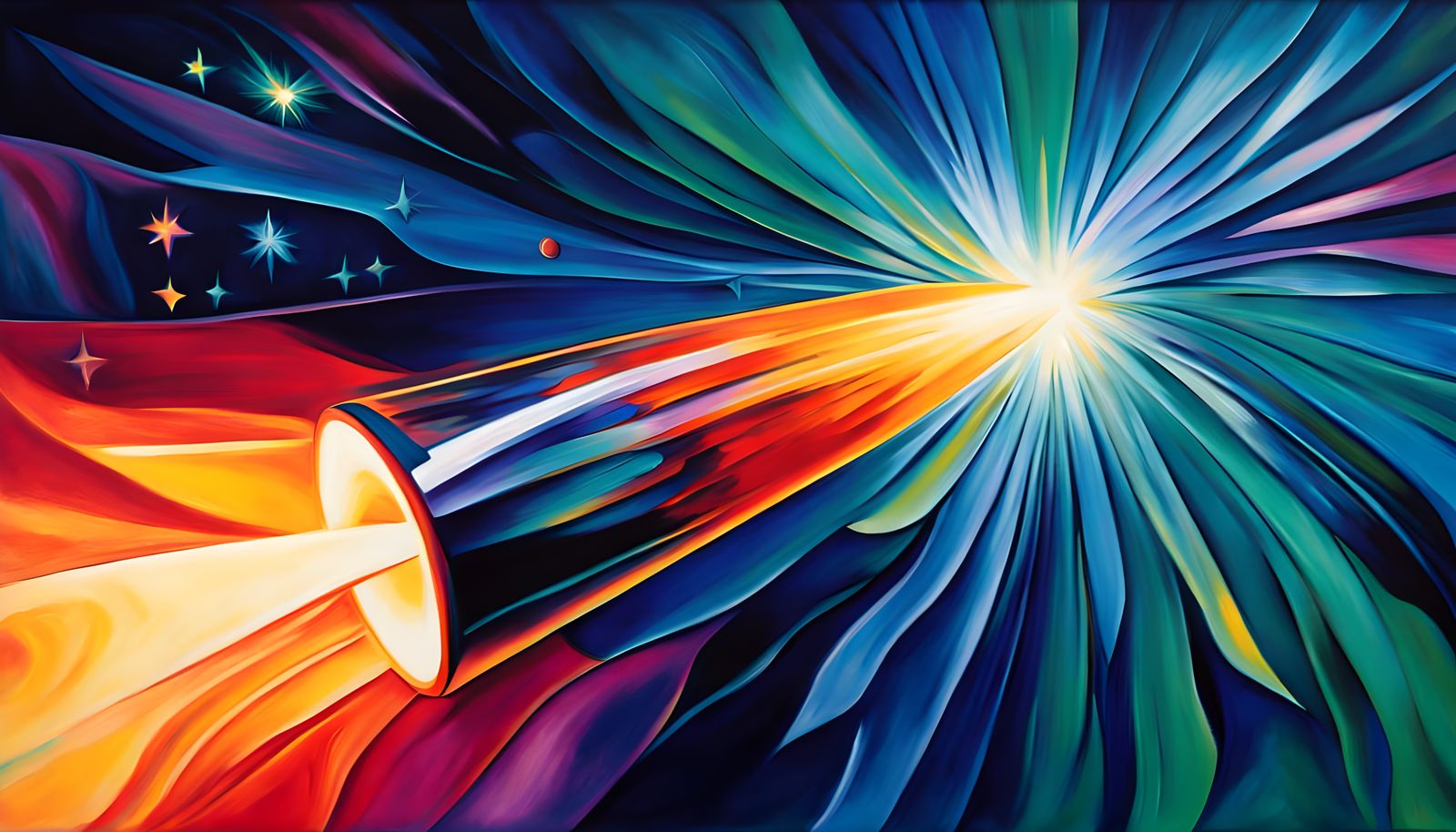 Vibrant Iridescent Glowing Metal Cylinder in Cosmic Vortex