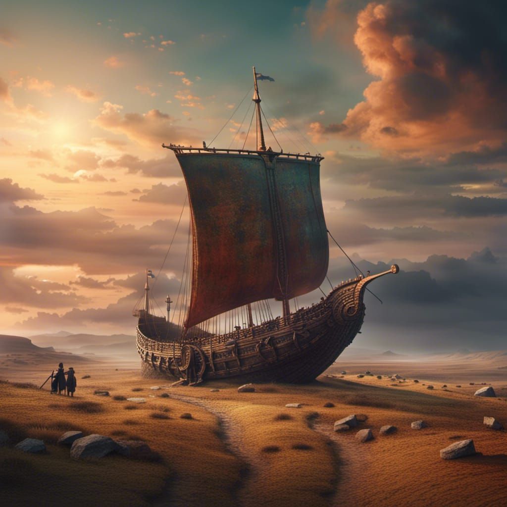 Ancient Ship Landscape with Stonehenge Monument