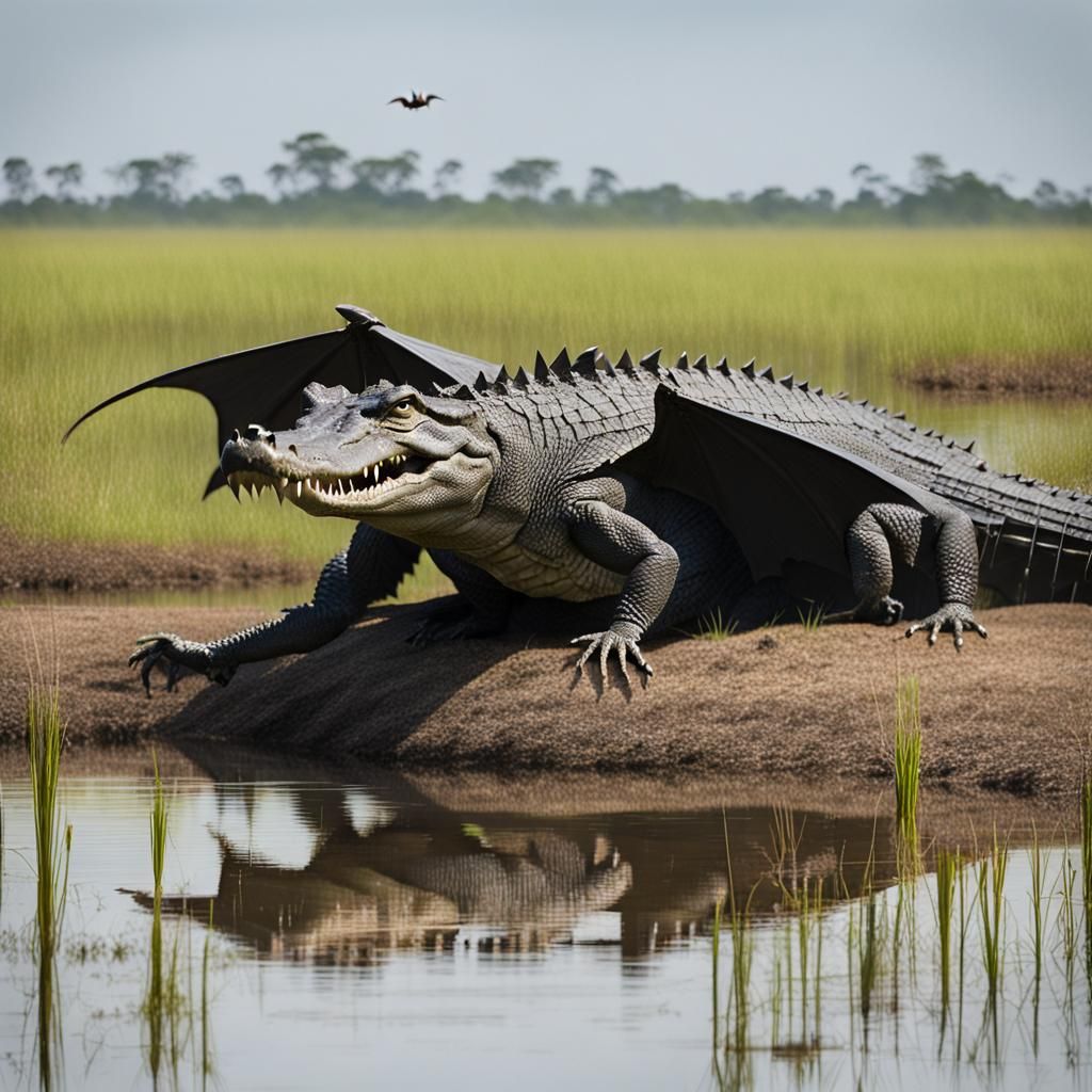 A large crocodile with large bat wings in marshland