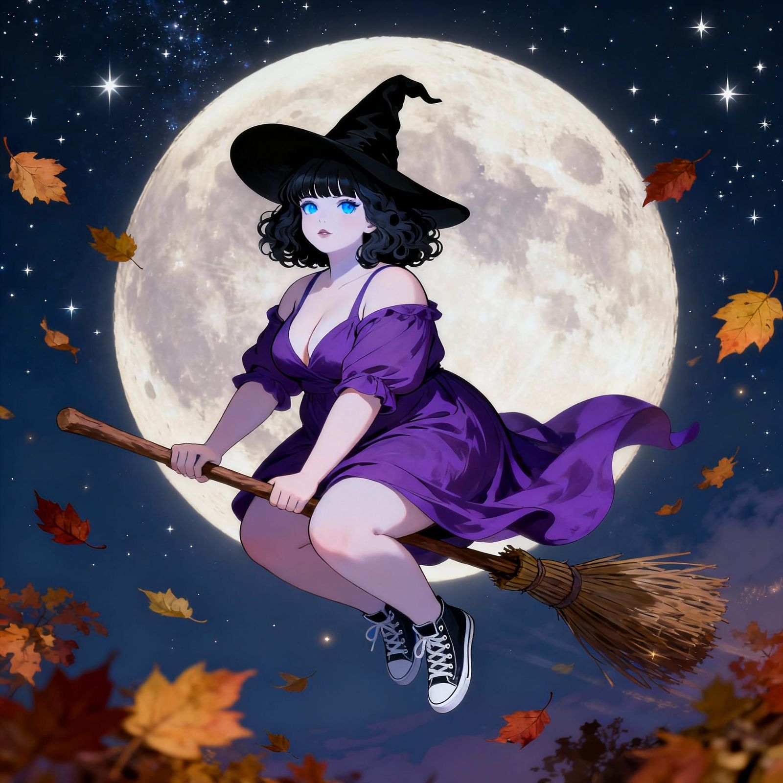 Witch Flying Broom Under Full Moon