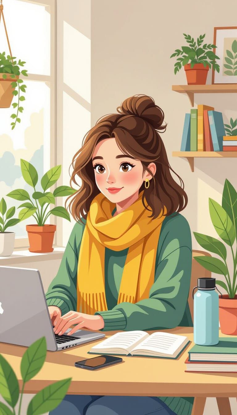 Millennial Woman in Cozy Workspace, Animated Style