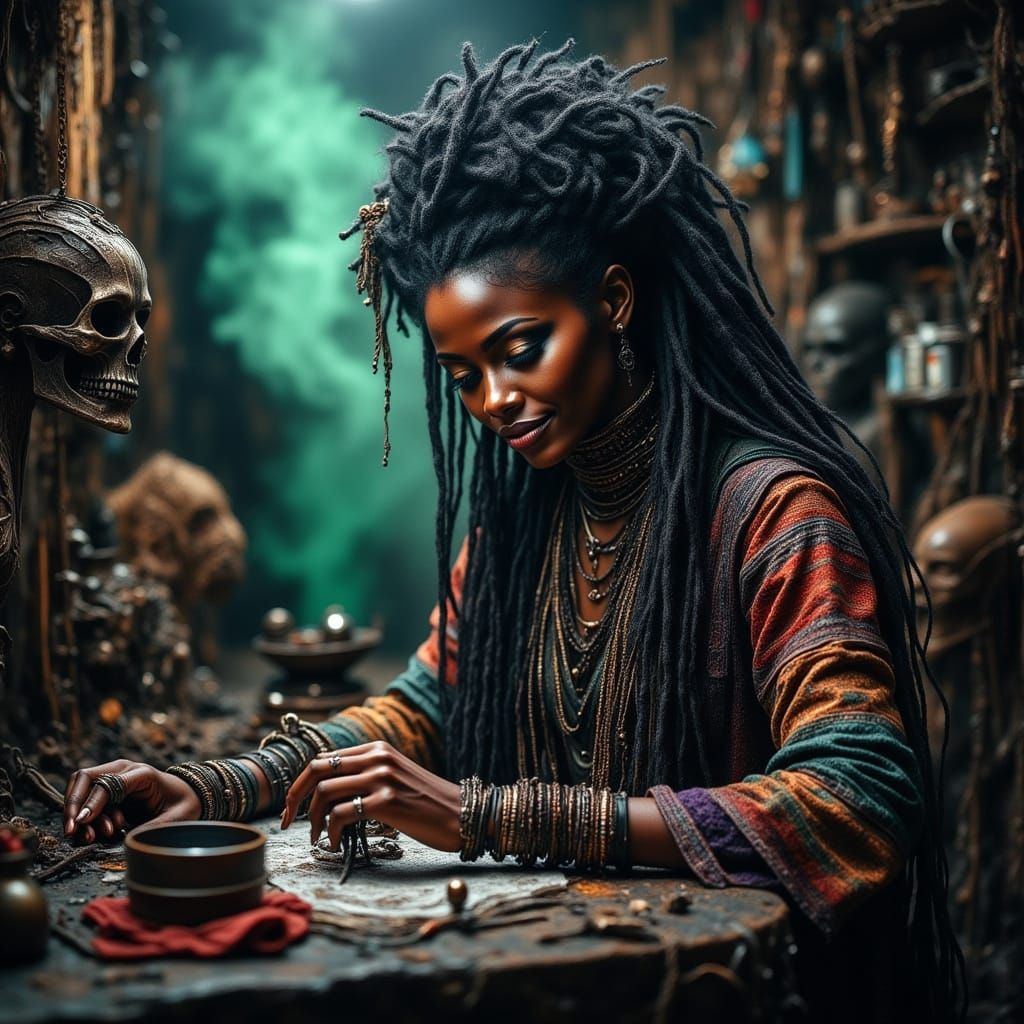 Enigmatic Voodoo Priestess in Dark, Mystical Atmosphere