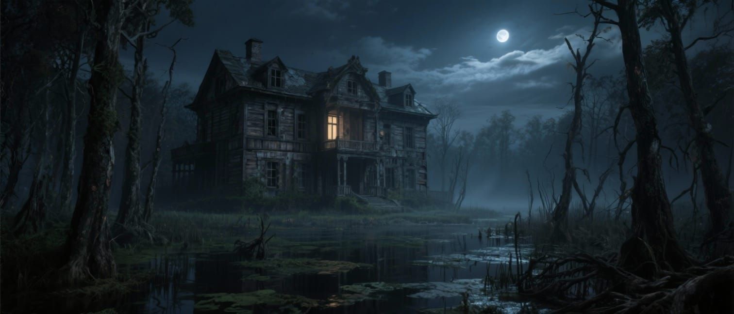 Gloomy Swamp Mansion at Night in Hyperrealistic Style