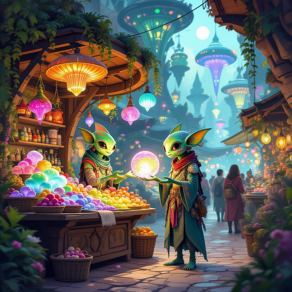Bioluminescent Alien Market in Modern Fantasy Art Style