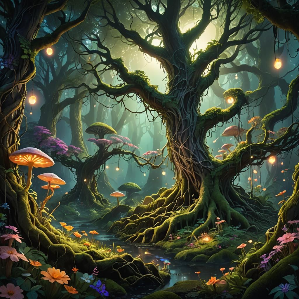 Mystical Moonlit Fantasy Forest in Pastel Colors
