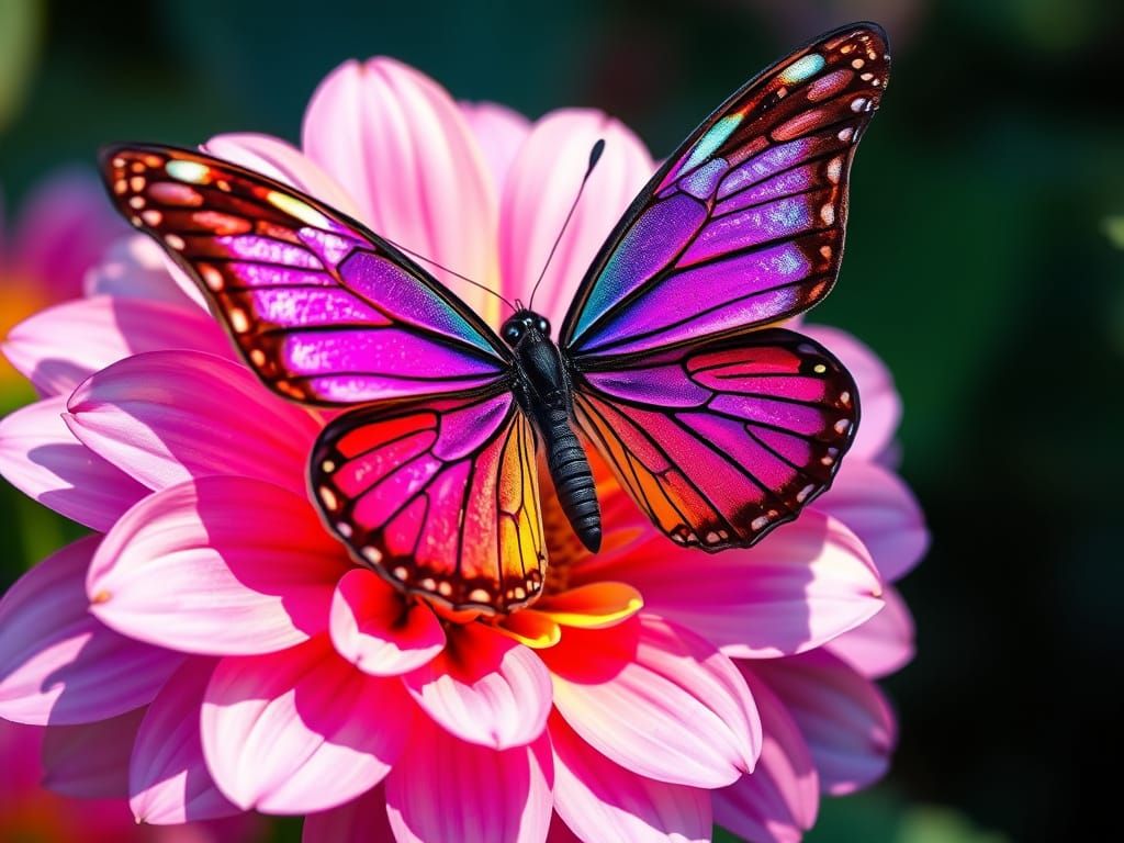 Hyperrealistic Butterfly on Flower in Sunlight