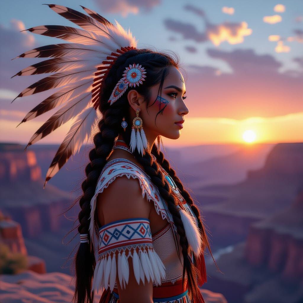 Native American Woman Overlooking Canyon at Sunset
