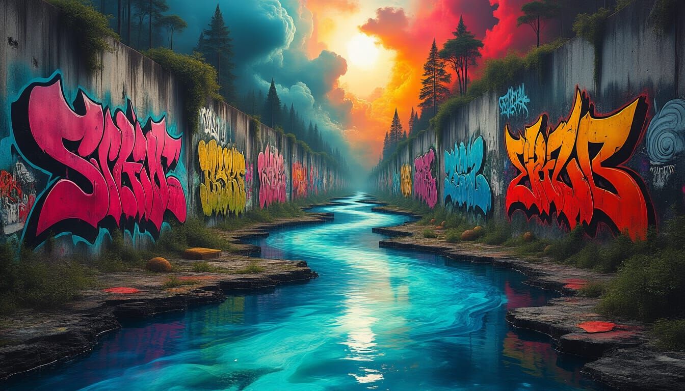 Surreal Graffiti River in Daguerreotype Style