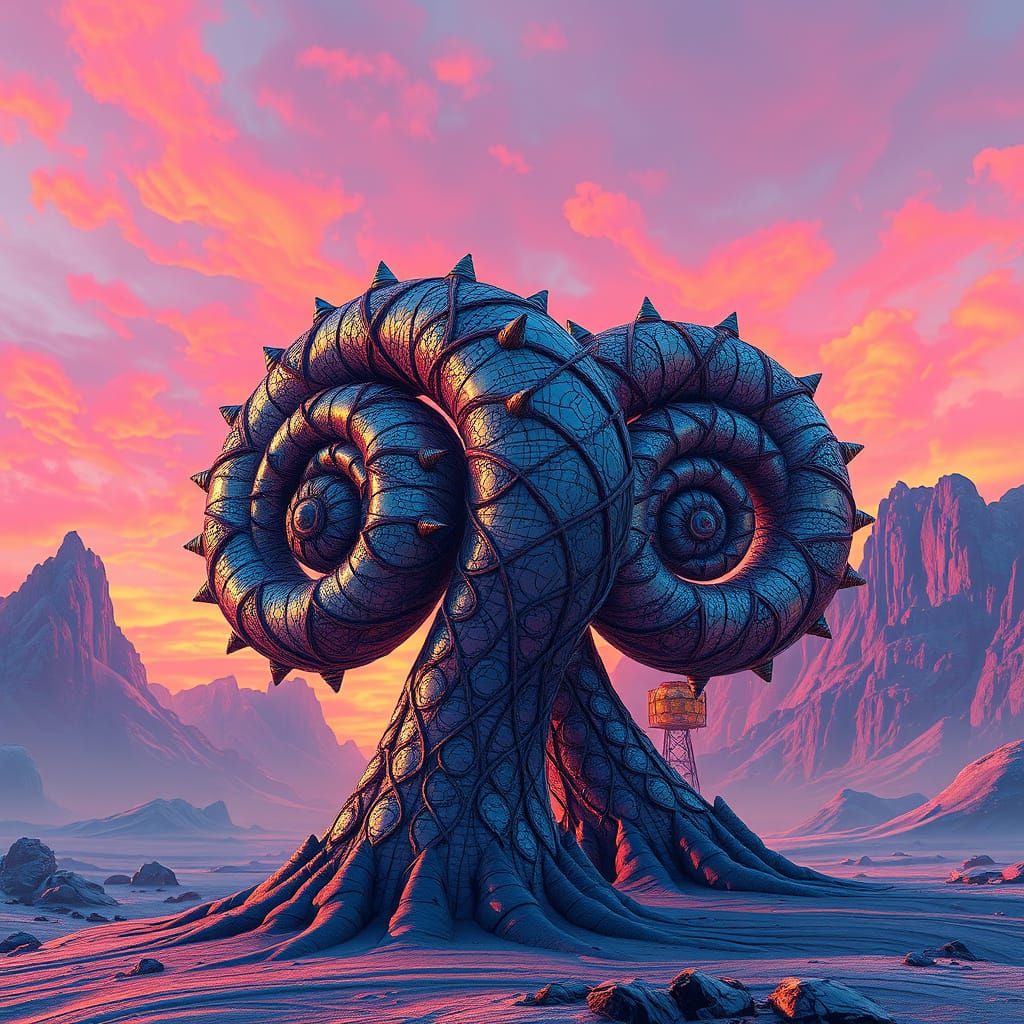 Spiral Beings in Futuristic Landscape