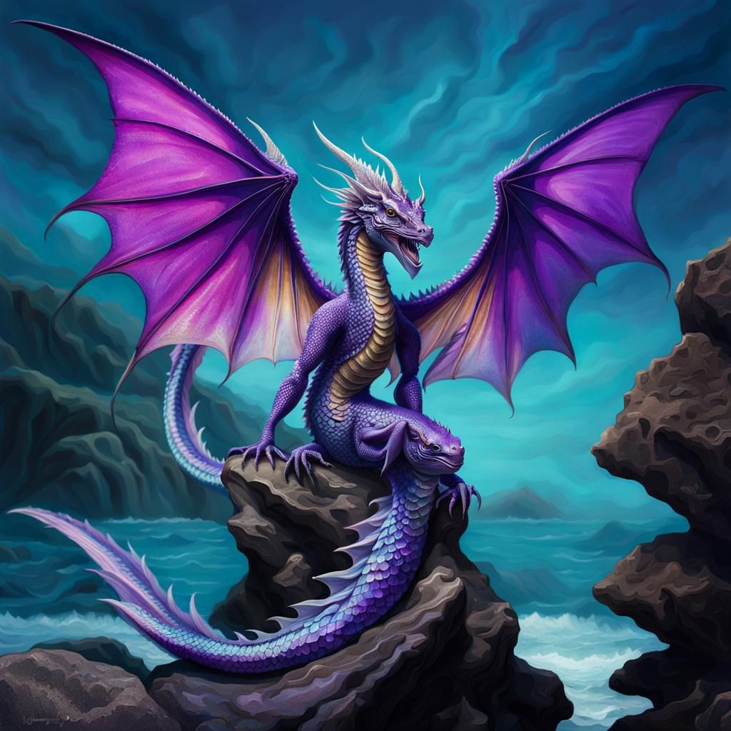 Dragon-Fish Hybrid Creature on Rocky Shoreline