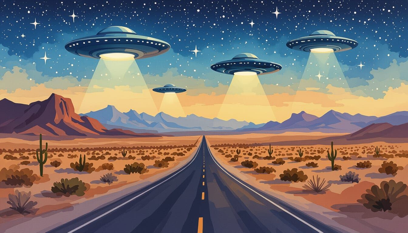 UFOs Over Desert Highway in Gouache Style