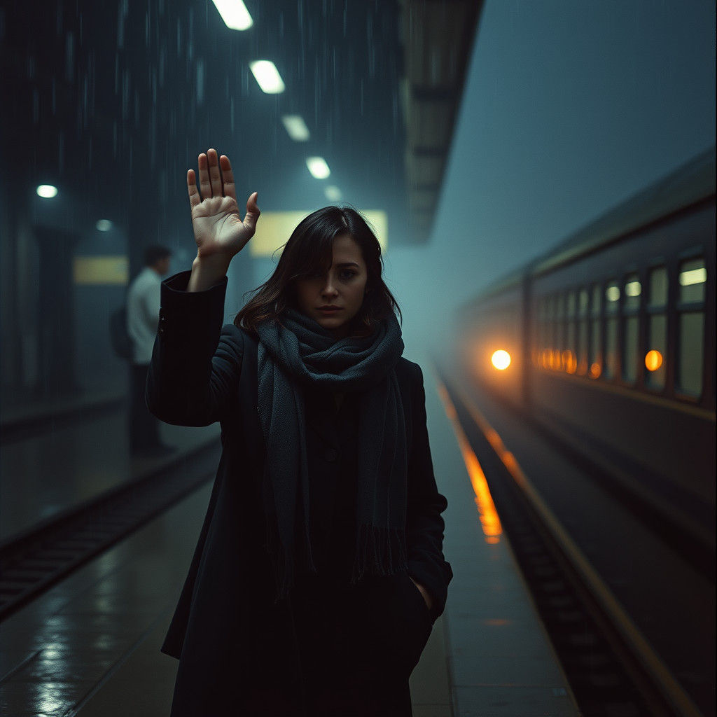 Sorrowful Goodbye on Rainy Train Platform