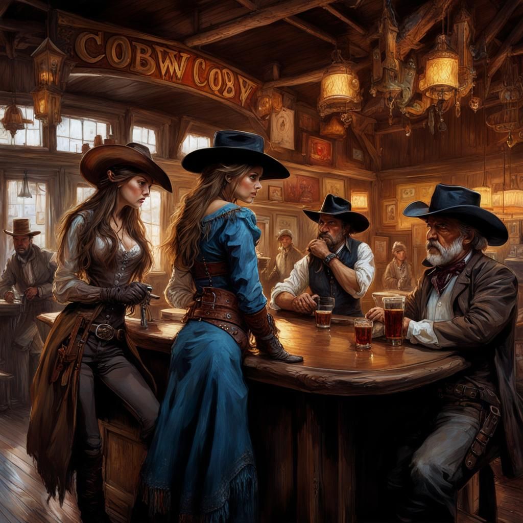 "Cowboy meeting saloon girls in a saloon"