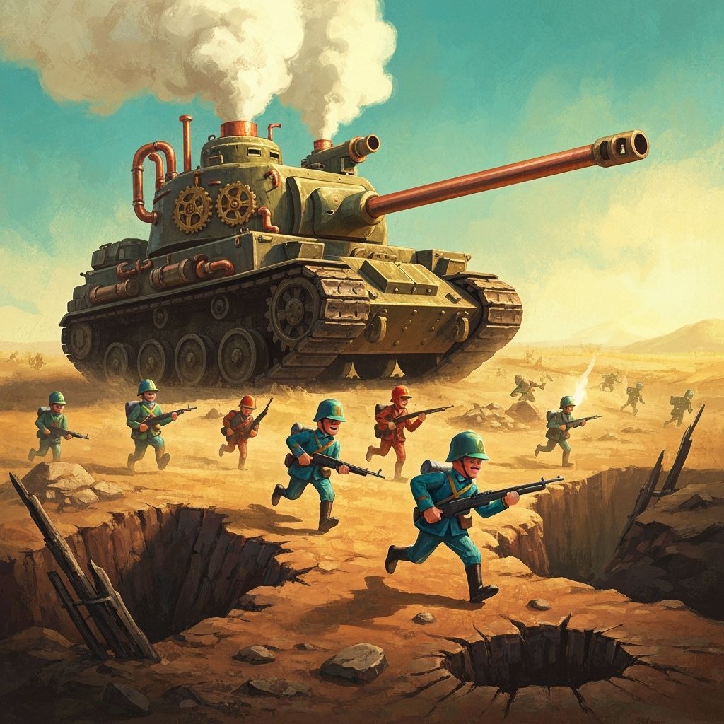 Toy Soldiers Clash with Steampunk Tank in Painterly Style