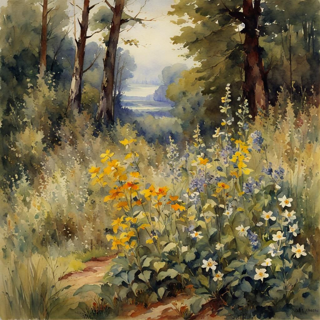 Wildflowers in Woodland, Watercolor Style