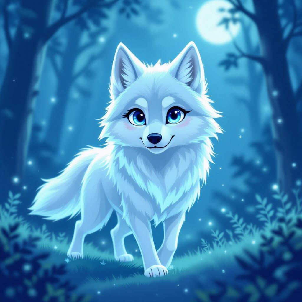Cute Ethereal Ghost Wolf in Moonlit Forest