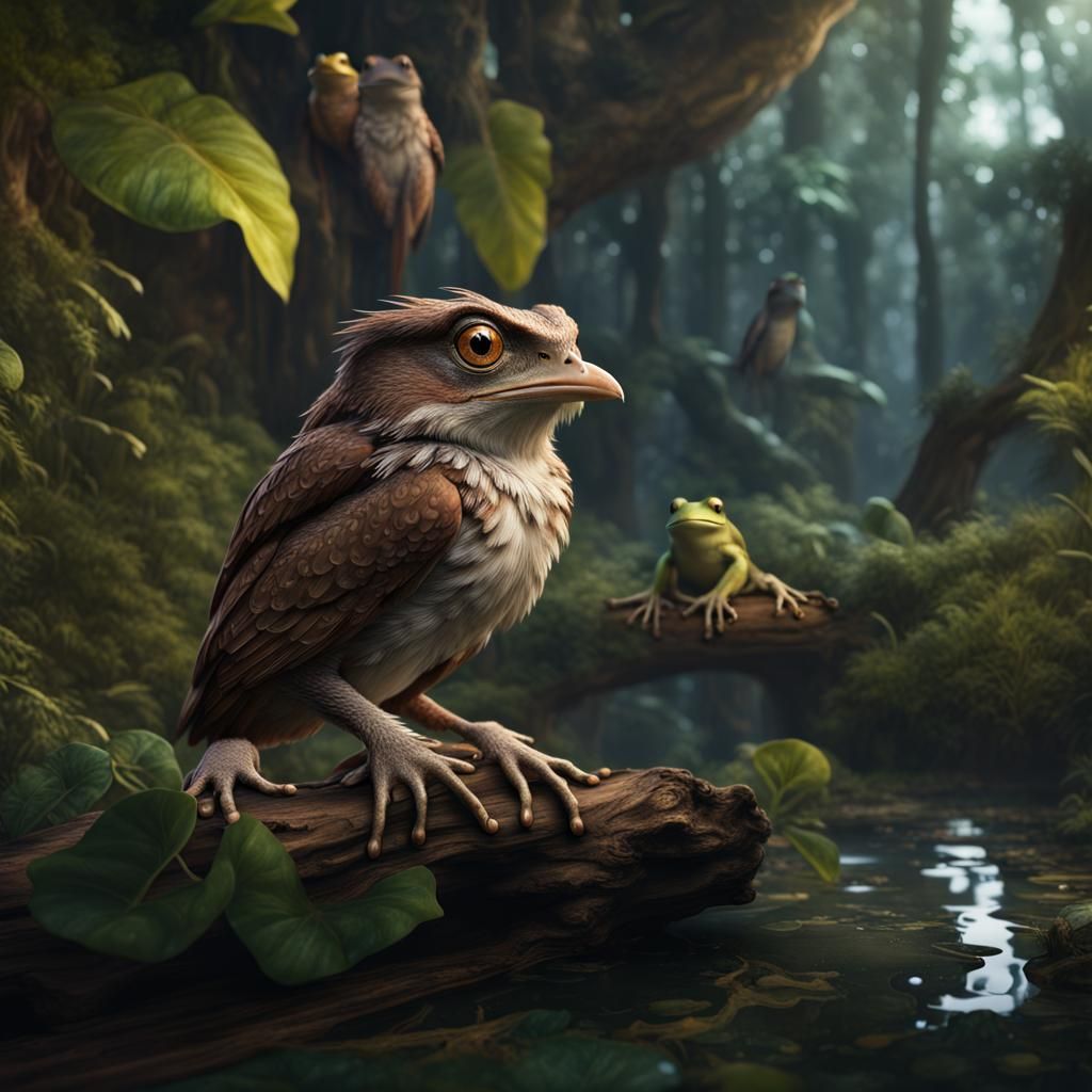 Frogmouth Bird and Frogs: Detailed Fantasy Art