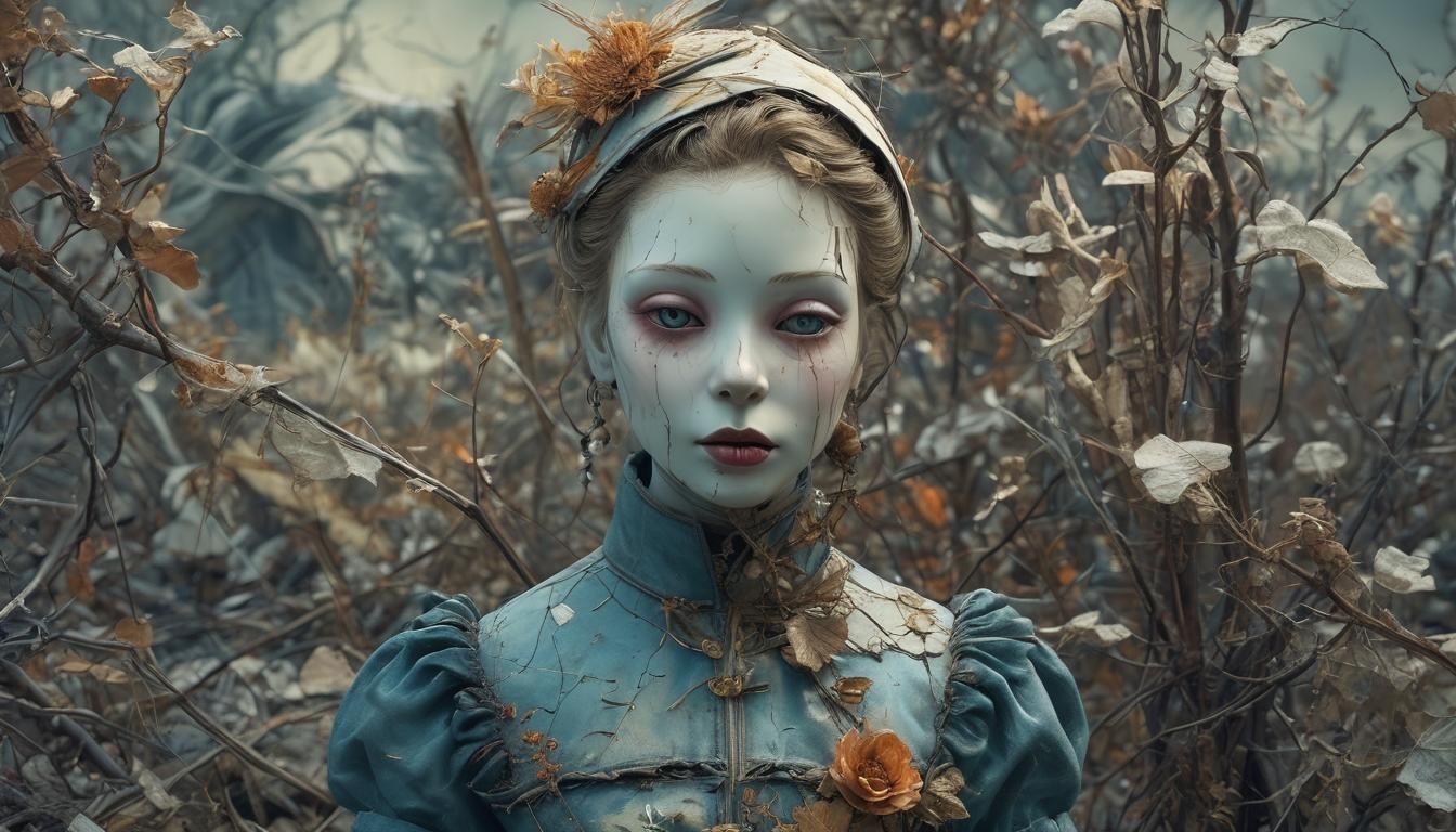 Macabre Doll Amidst Surreal Paradise