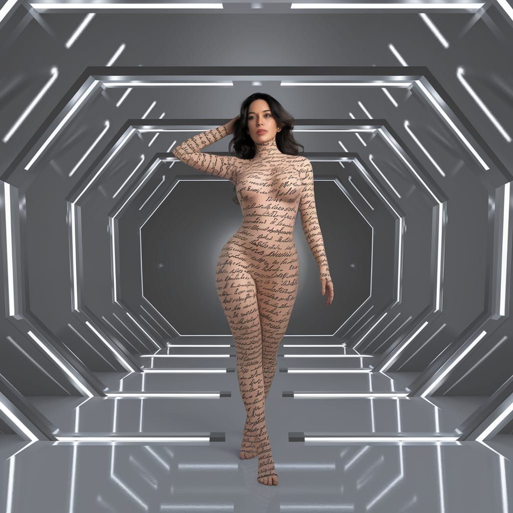 Calligraphy Woman Poses as Art in White Hall