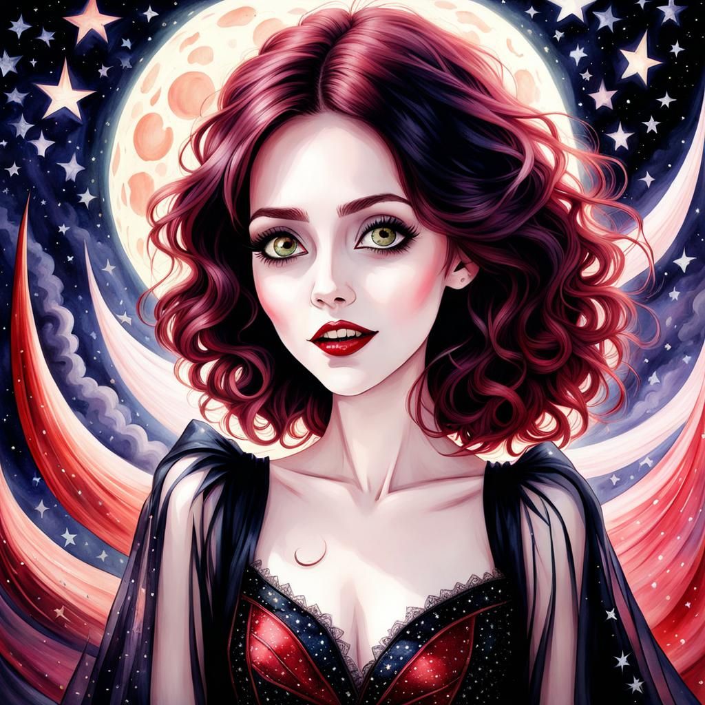 Tim Burton Inspired Vampire Woman in Watercolors