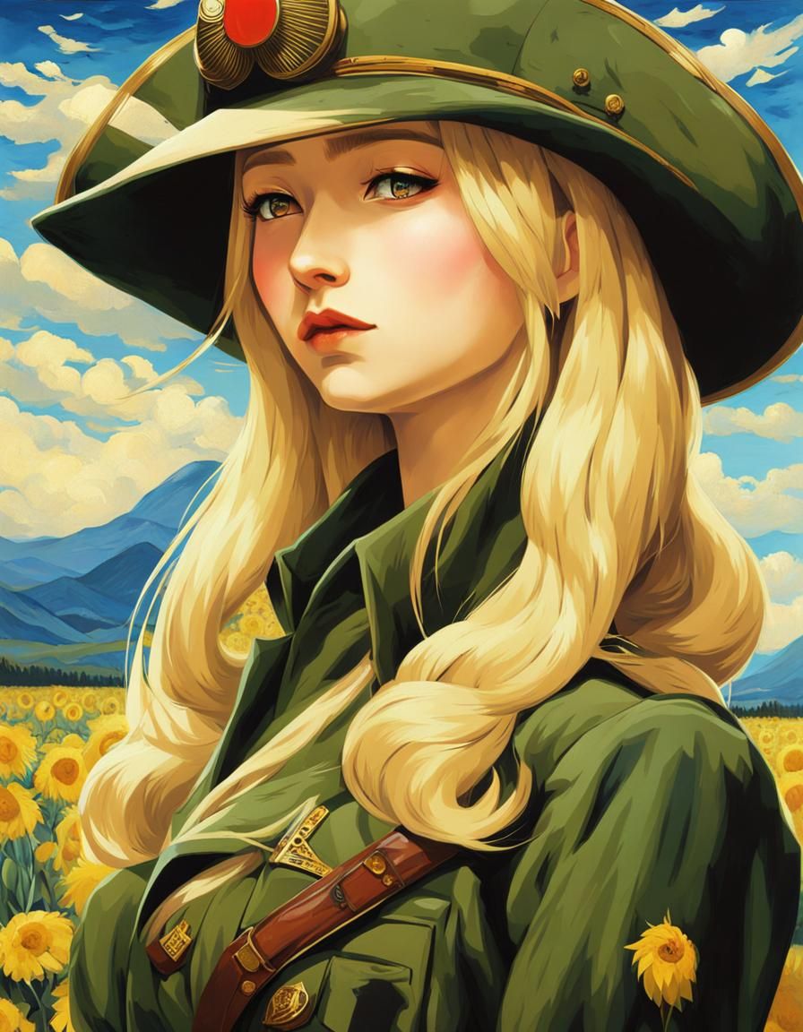 Anime Army Girl Winking in Van Gogh Style