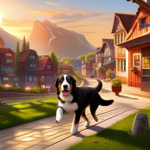Swiss Mountain Dog Mailman Running From Puppy