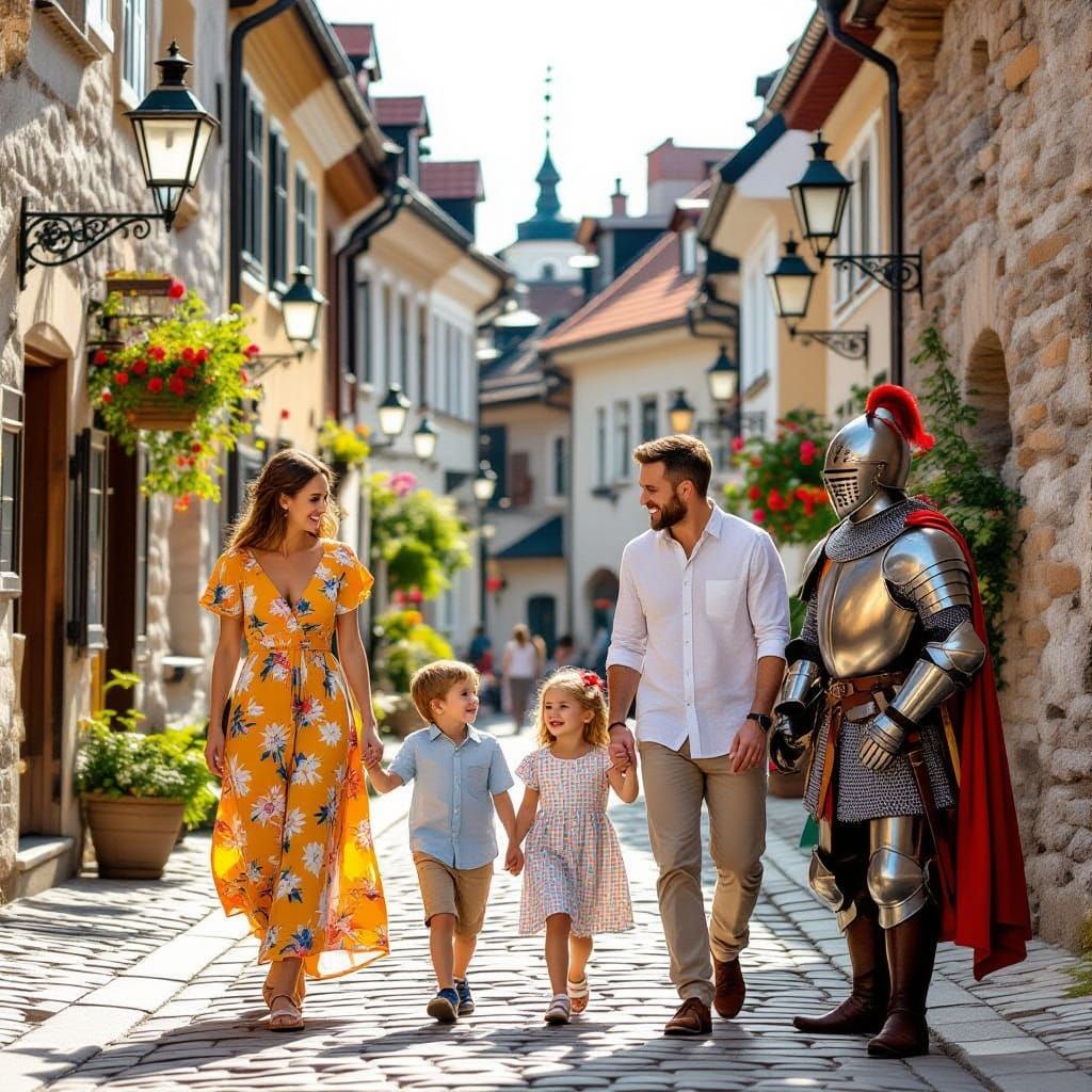 Family Explores Historic Tallinn Streets on Sunny Day