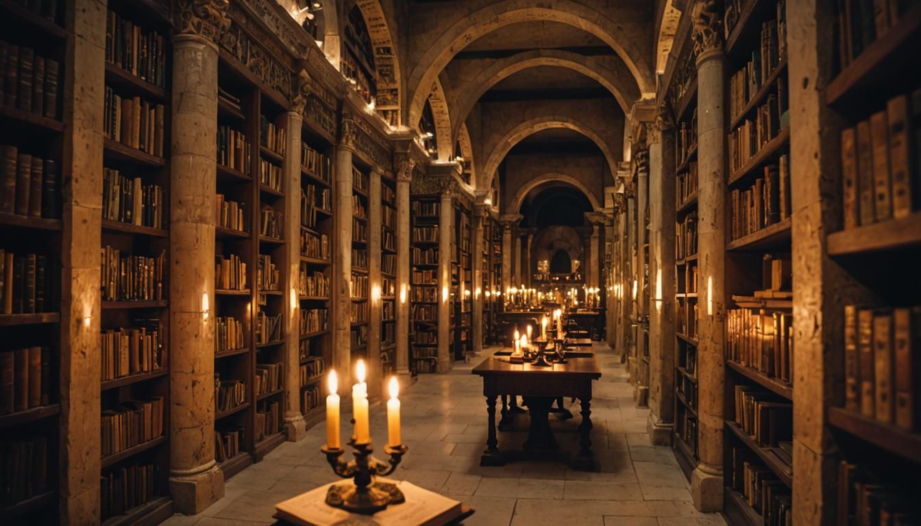Dimly Lit Interior of the Ancient Library of Carthage