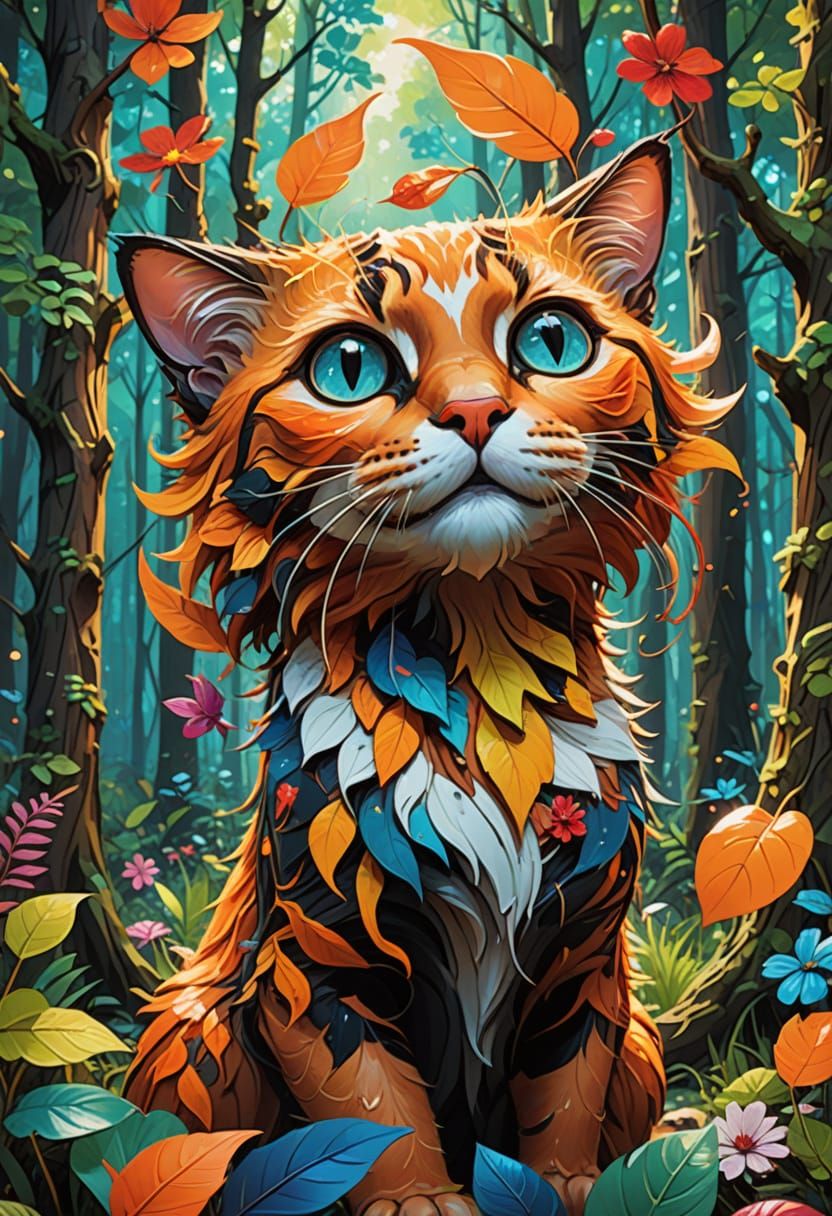 Whimsical Cat in a Vibrant Love Forest