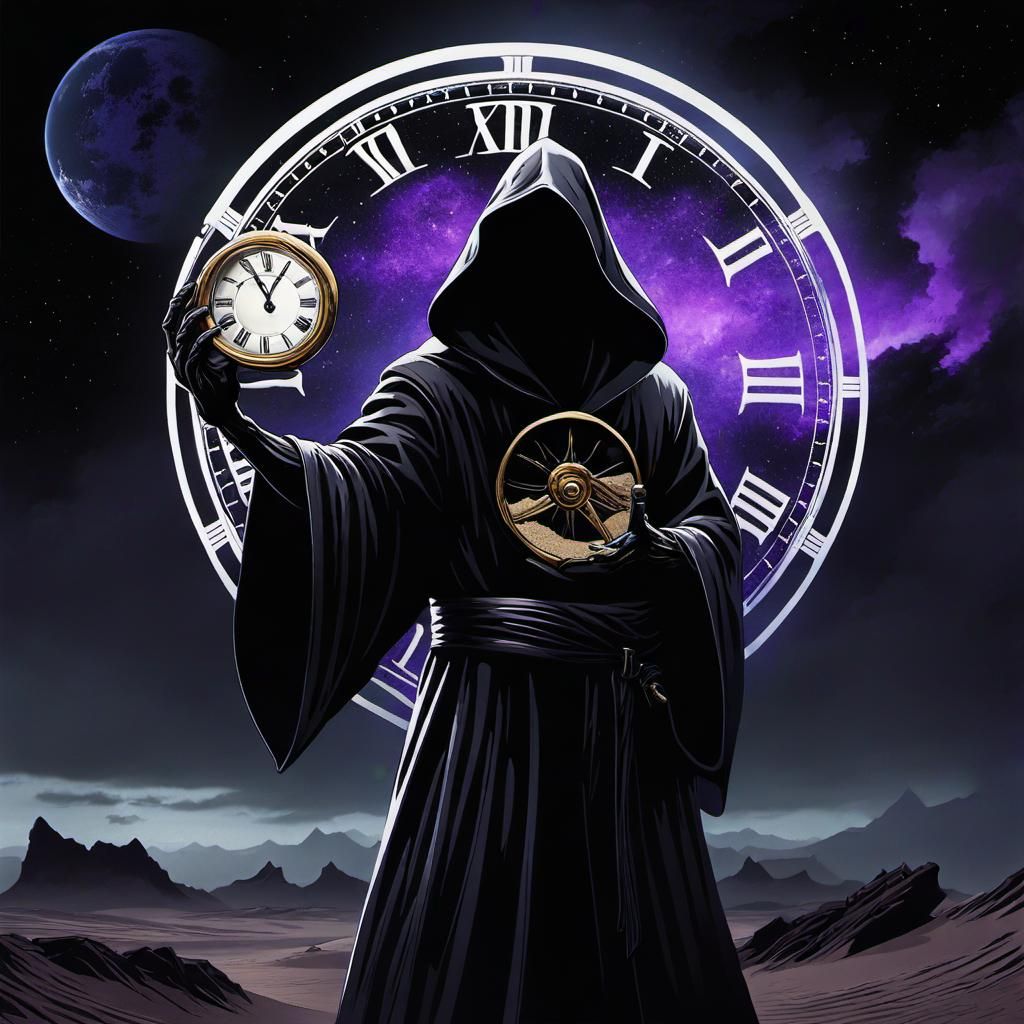 Grim Reaper wearing a black robe holding an sand filled hourglass in one hand and a scythe in the other hand:: psychedel...