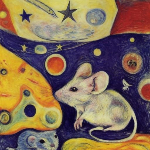 Interstellar Mouse with Cheese: Sci-Fi Surrealism