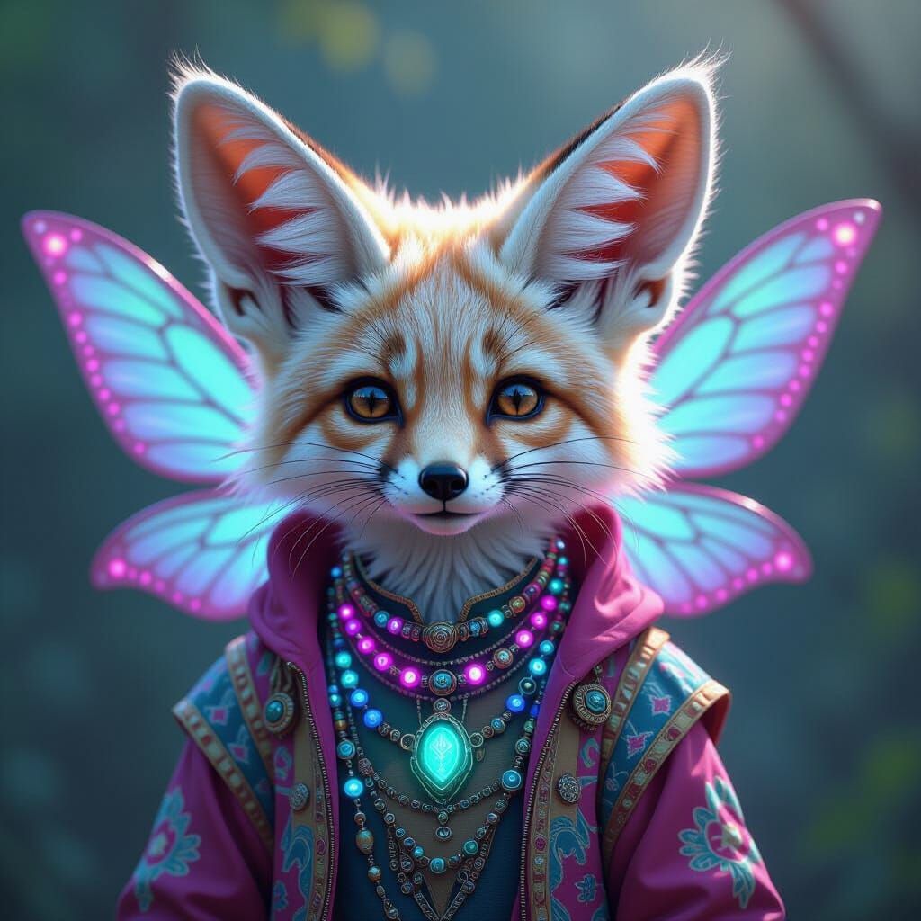 Fae Fennec Fox with Fairy Wings in Neon Style