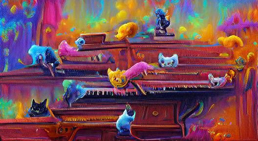 Cats Play Piano: Colourful Oil Painting