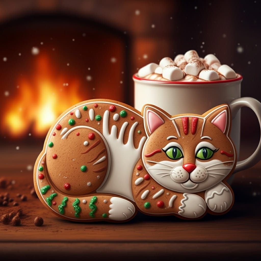 Whimsical Gingerbread Cat in Festive Hyperrealistic Art
