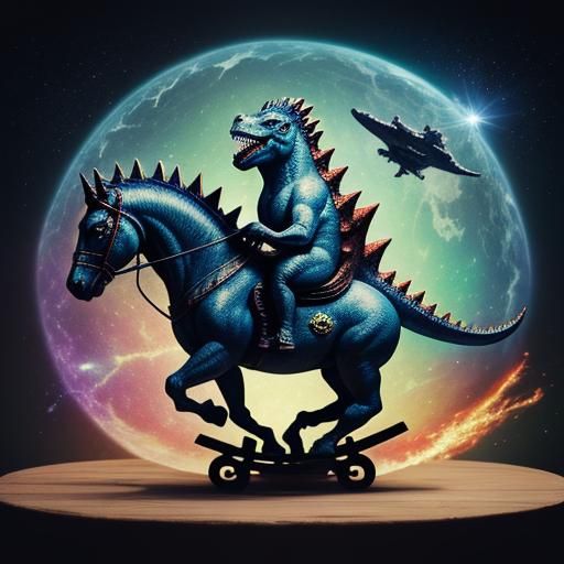 Baby Godzilla Riding Horse