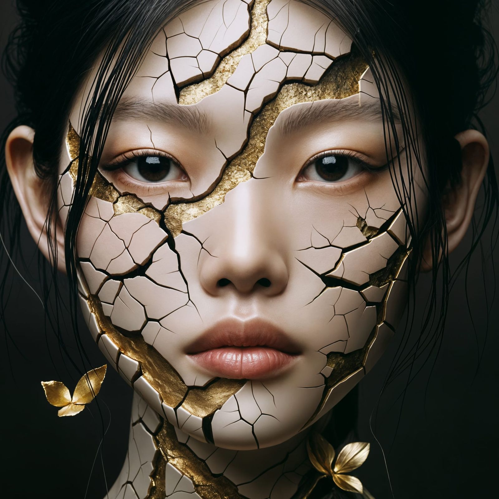 Beautiful Japanese Woman with Cracked Skin in Kintsugi Style