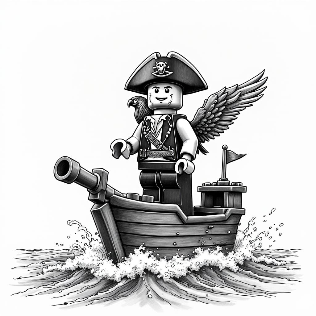 Pirate Captain in Stormy Seas, Rendered in Intricate Pen and...