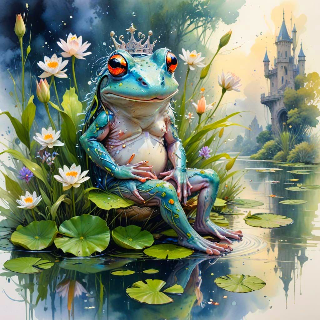 Frog Prince on Lily Pad in Star Blossom Pond