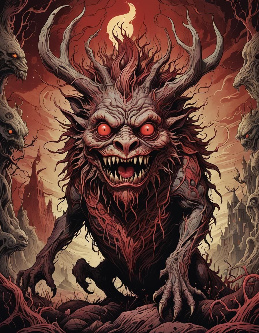 Grotesque Beast in Dreamlike Landscape, Surreal Art