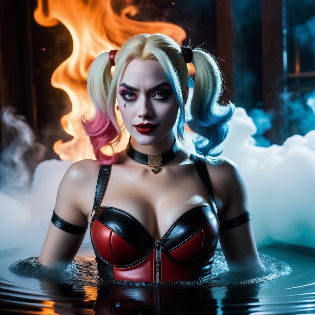 Harley Quinn in Ephemeral Ice Costume, Bathing in Luxurious...