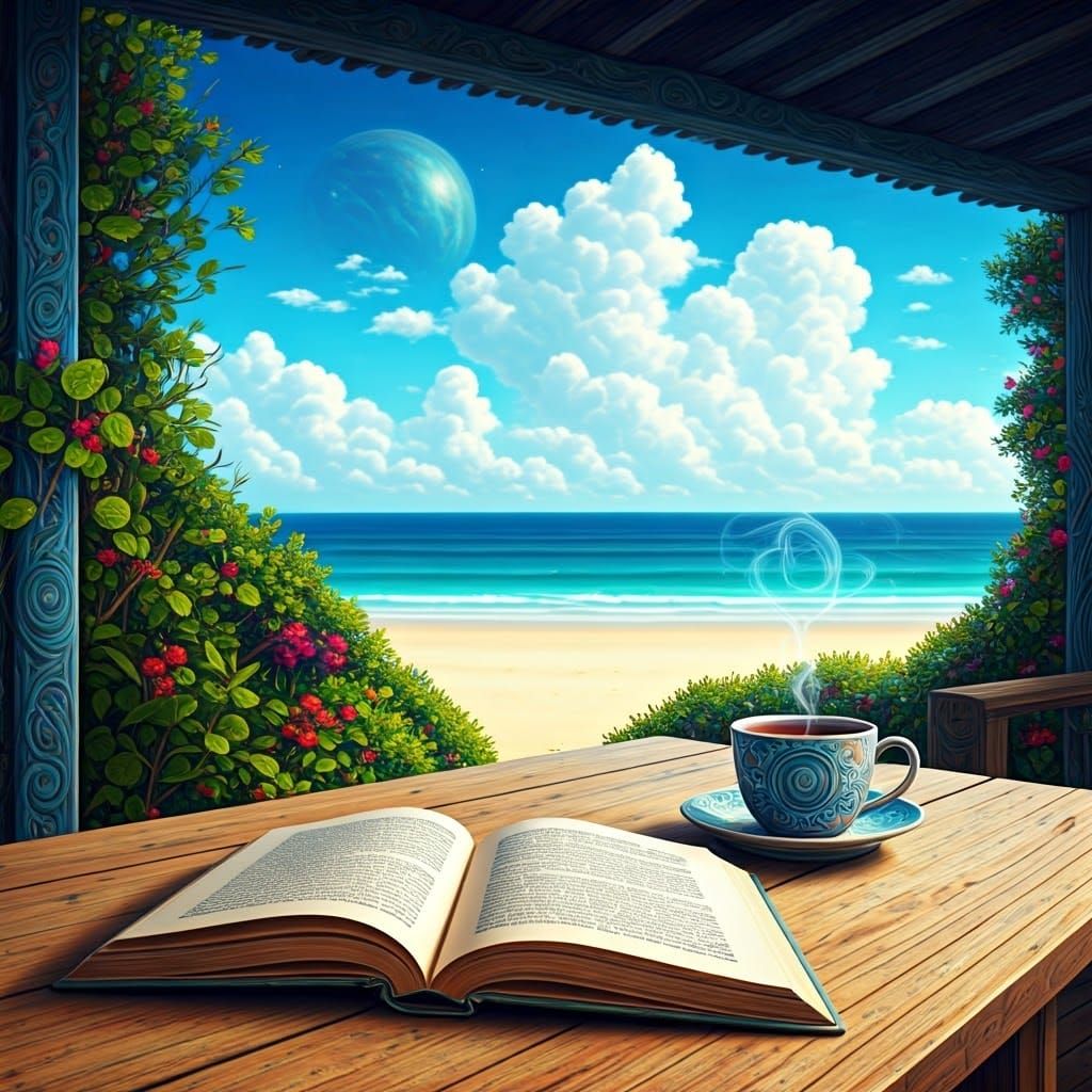 Serene Beachside Study in Vibrant Holographic Cosmic Style