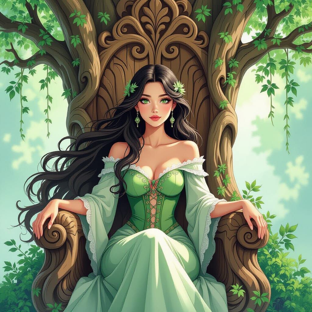 Woman on Tree Throne in Watercolor Ink Style