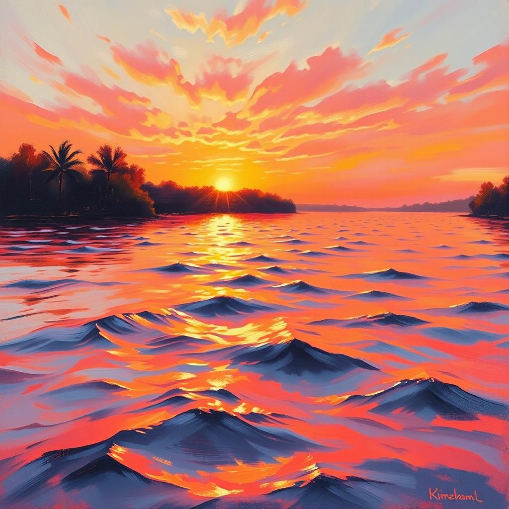 Sunset River Reflection: Impressionist Oil Painting