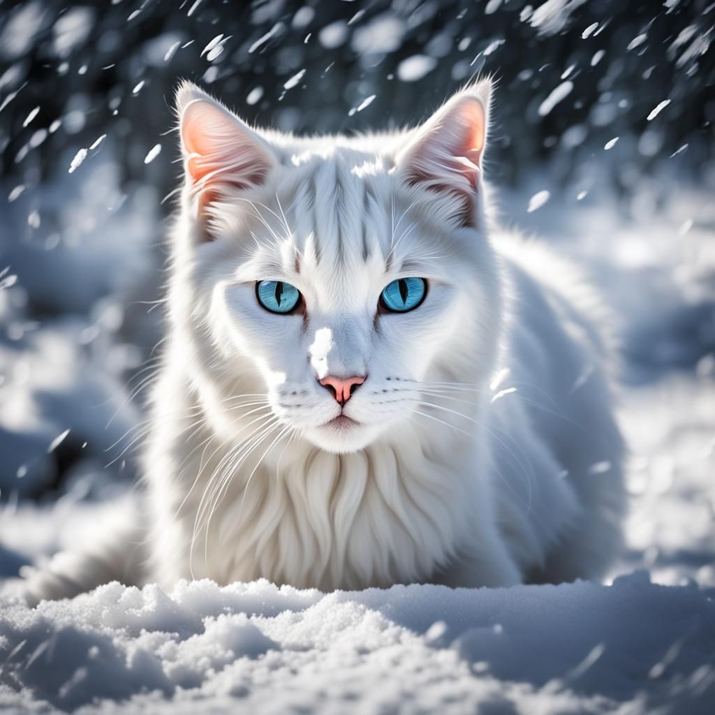 Hyperrealistic White Cat Portrait in Snowy Scene
