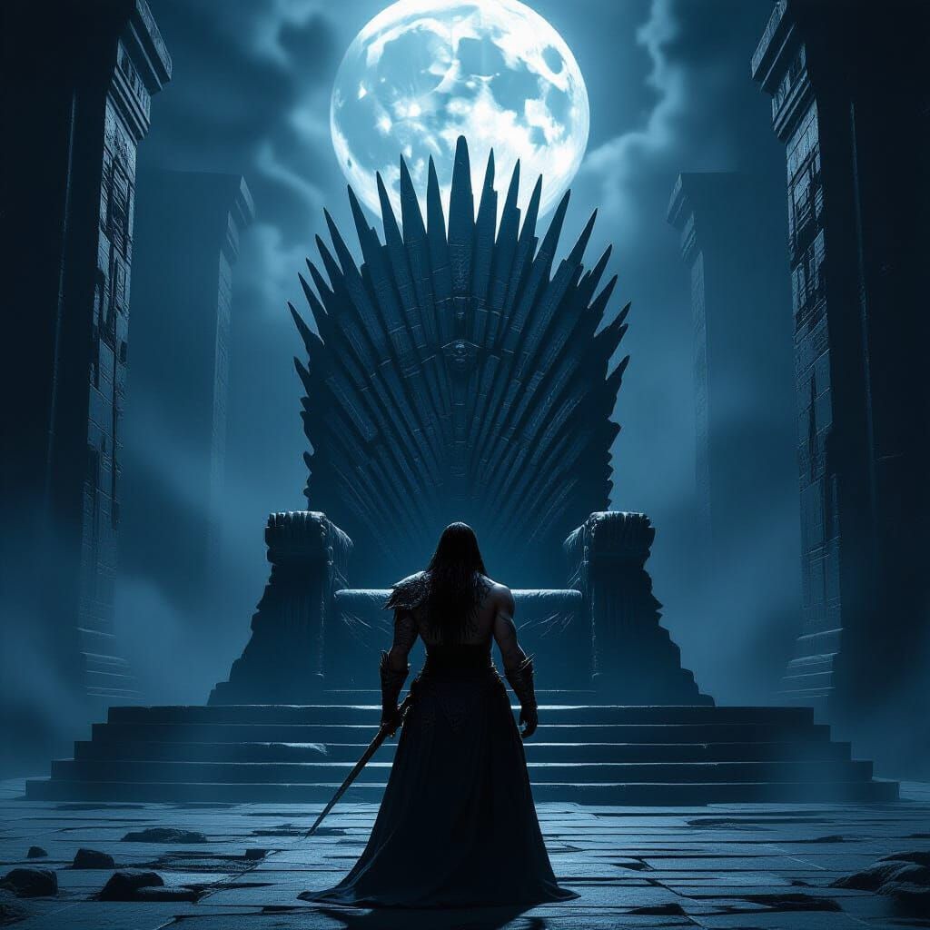 Warrior Before Obsidian Throne in Dark Fantasy Art