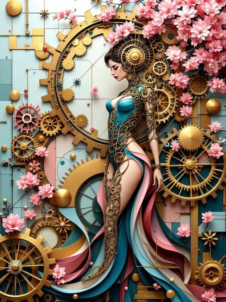 Steampunk Papercraft Fusion with Geometric and Floral Motifs