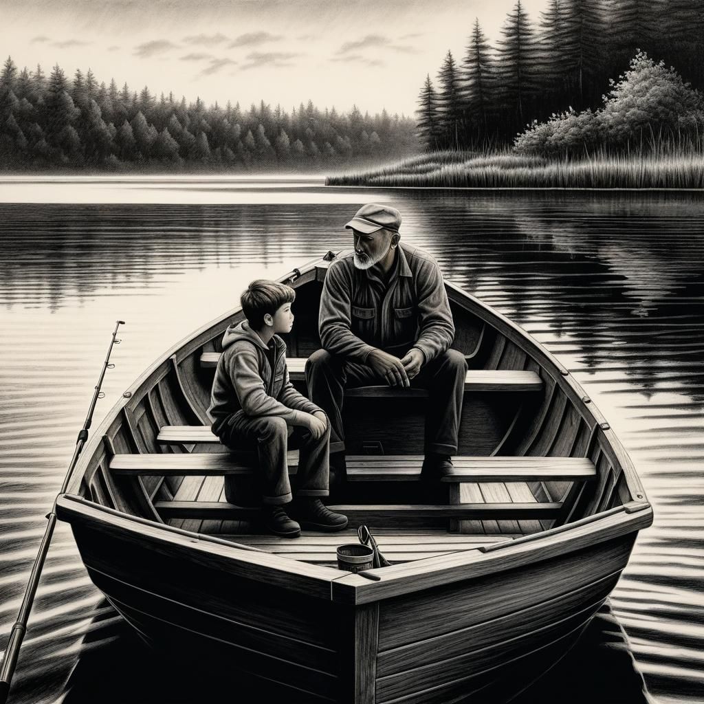Father and Son Fishing: Detailed Charcoal Drawing