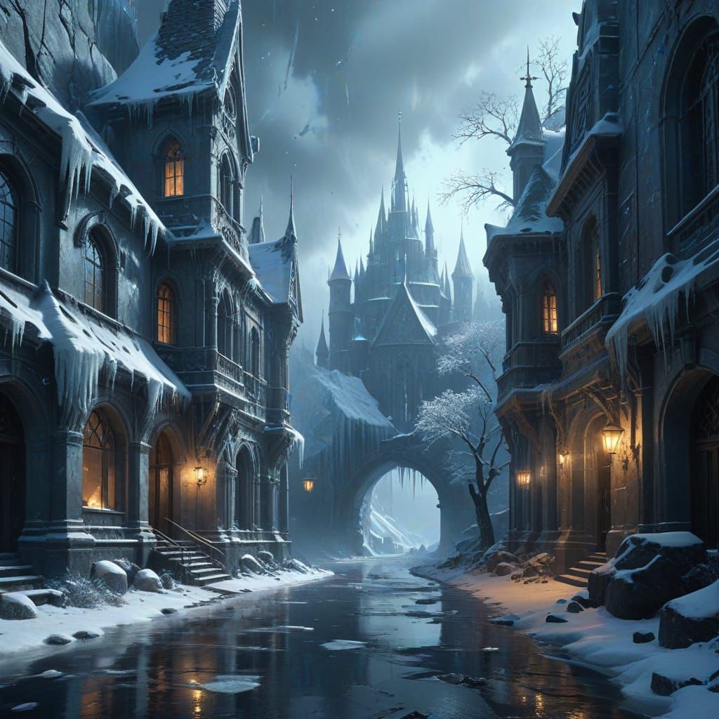 Frozen City Concept Art with Glowing Runes