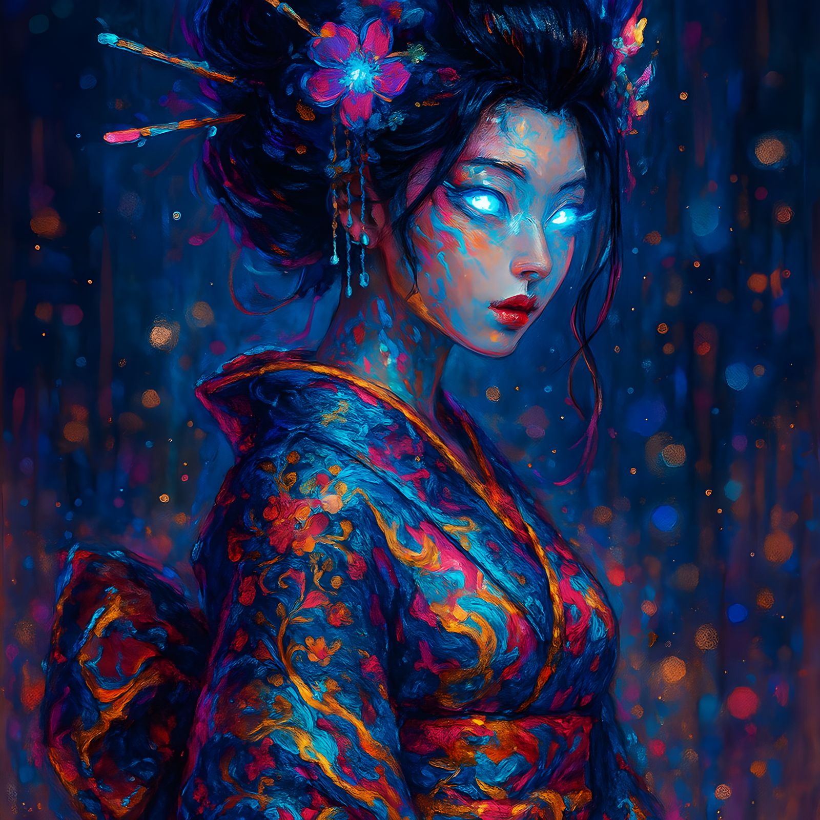 Cyberpunk Geisha in Anime-Style with Neon Details